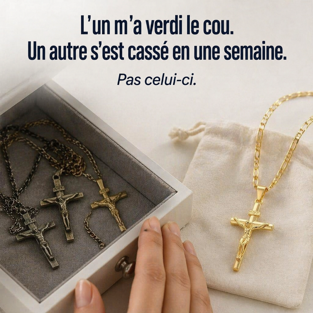 Collier crucifix doré posé sur une pochette en tissu, à côté d'une boîte contenant des colliers ternis 3