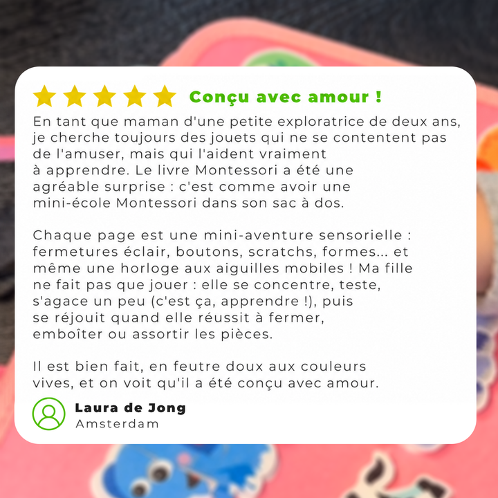 Avis client cinq étoiles en néerlandais affiché sur un fond flou montrant le livre en feutre rose 11