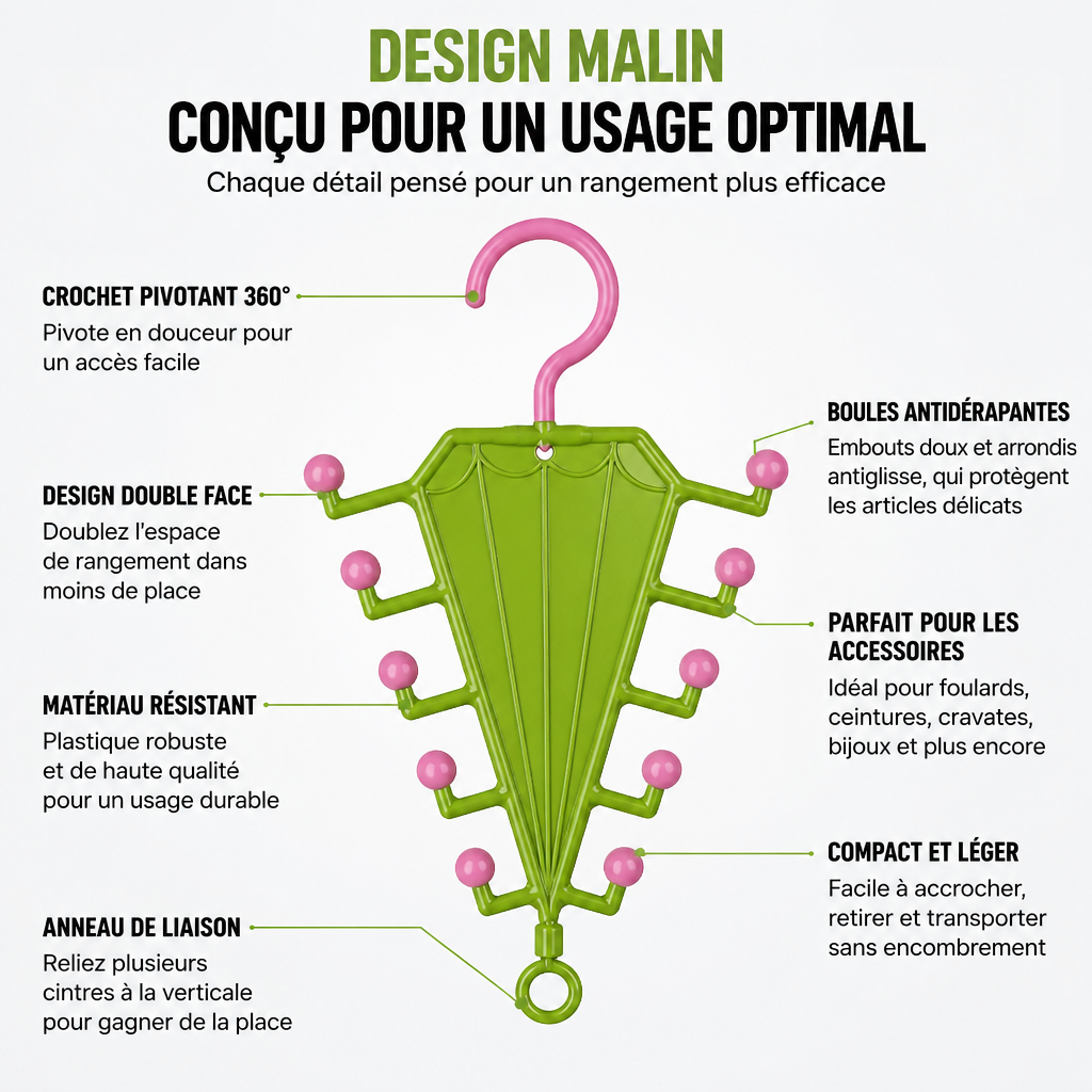 Cintre vert à boules roses entouré de légendes sur crochet pivotant, anneau d'attache et usages pour accessoires 8