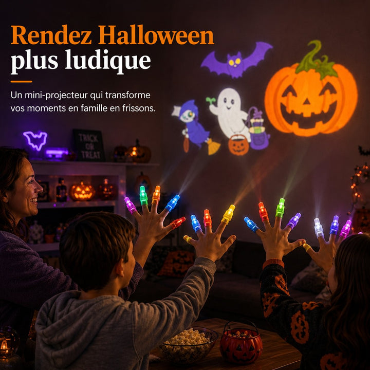 Une mère et deux enfants lèvent leurs doigts équipés de lampes et projettent chauve-souris, fantôme et citrouille sur le mur 10