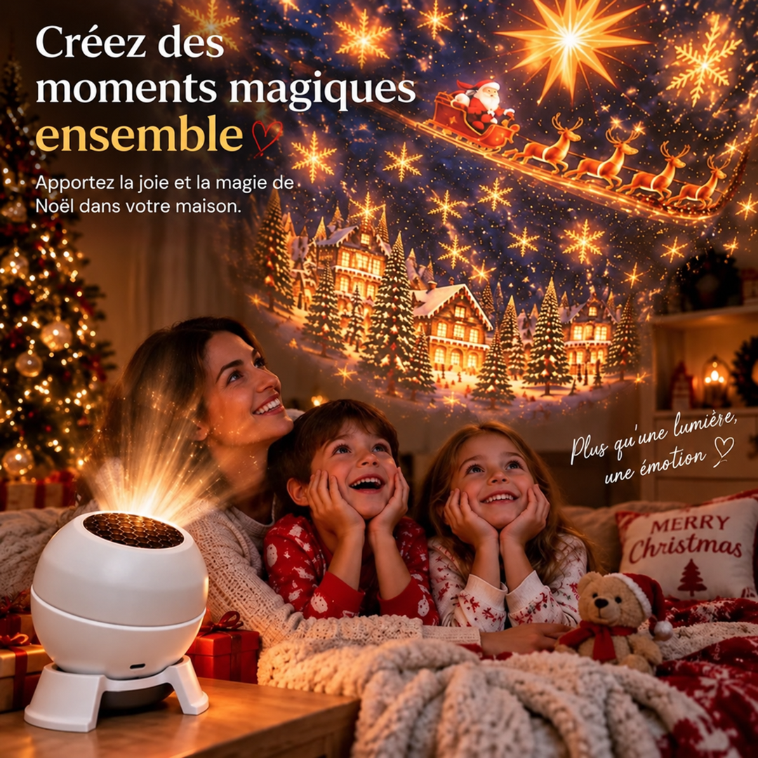 Une mère et ses deux enfants en pyjama de Noël admirent la projection festive au mur, à côté du projecteur blanc allumé. 6