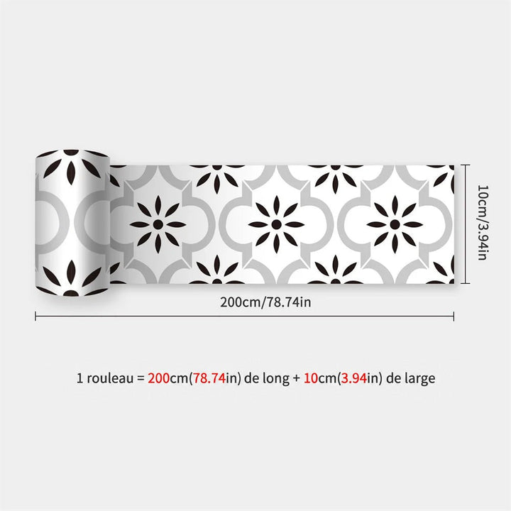Rouleau déroulé de bande blanche à fleurs noires et motif gris, avec dimensions de 200 cm sur 10 cm 19