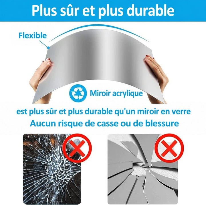Feuille miroir acrylique courbée entre deux mains pour montrer sa souplesse, avec en dessous deux exemples de verre brisé à éviter. 7