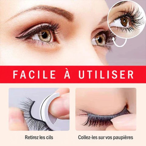 Visuel d'utilisation en deux étapes : retirer les cils de leur support, puis les poser sur la paupière, avec un gros plan sur un œil maquillé. 2