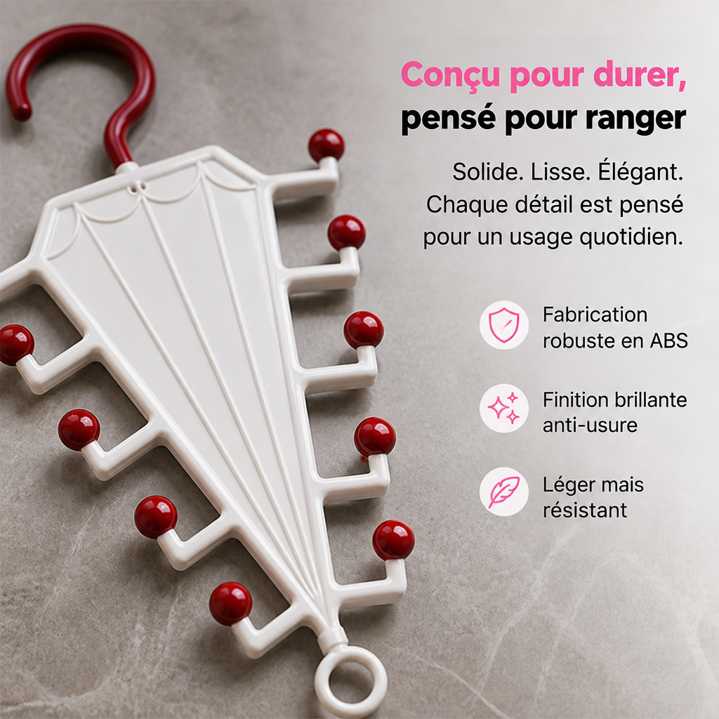 Gros plan sur un cintre blanc à boules rouges posé à plat sur une surface en marbre gris 3