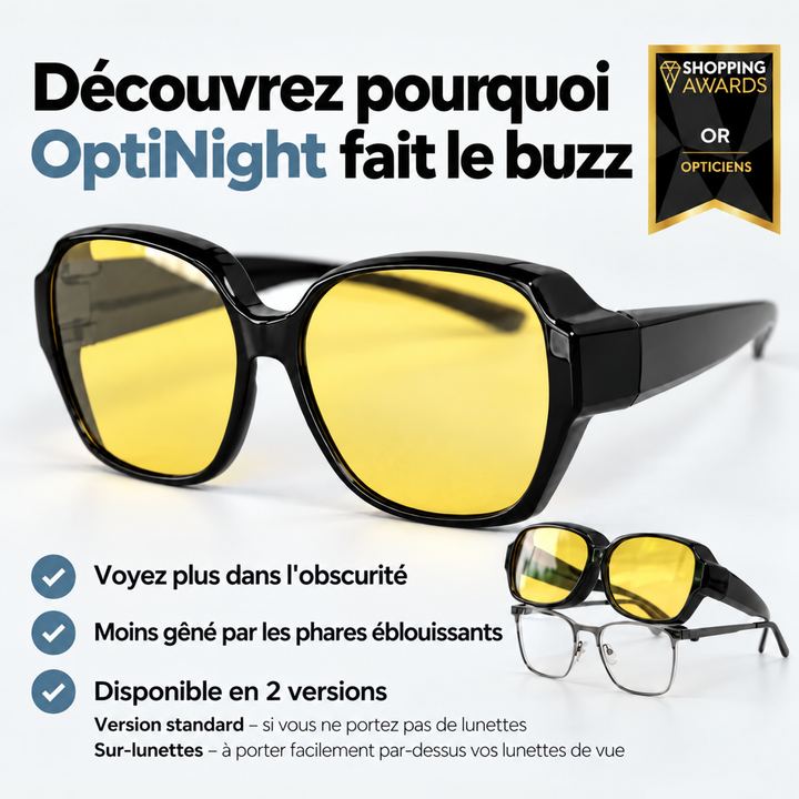 Lunettes à verres jaunes avec liste d'atouts, et en bas à droite le modèle à enfiler porté sur une paire de lunettes de vue. 4