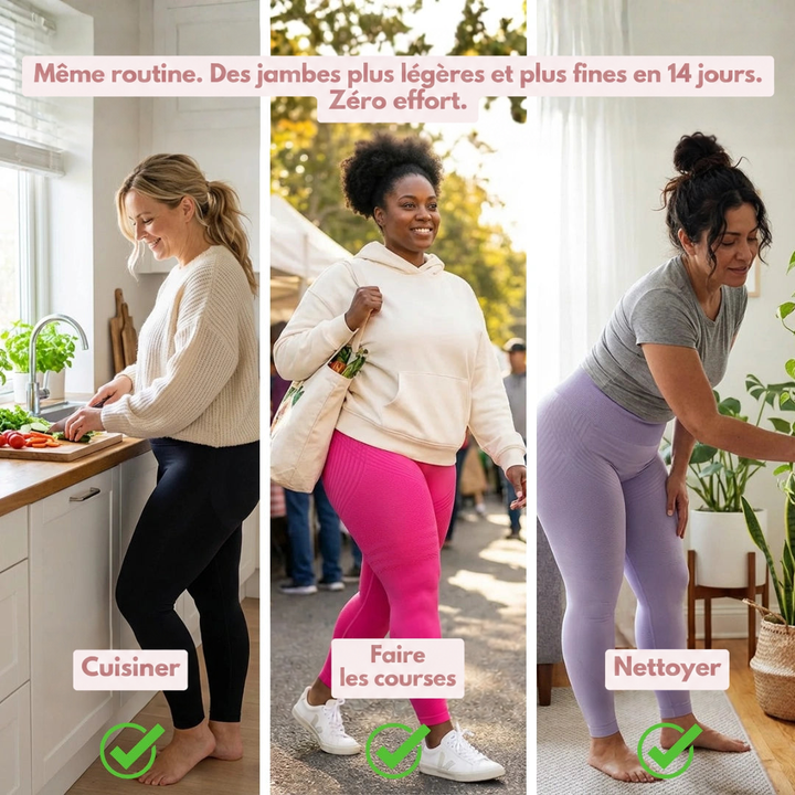 Trois femmes en leggings noir, rose vif et lilas faisant la cuisine, les courses et le ménage au quotidien. 15