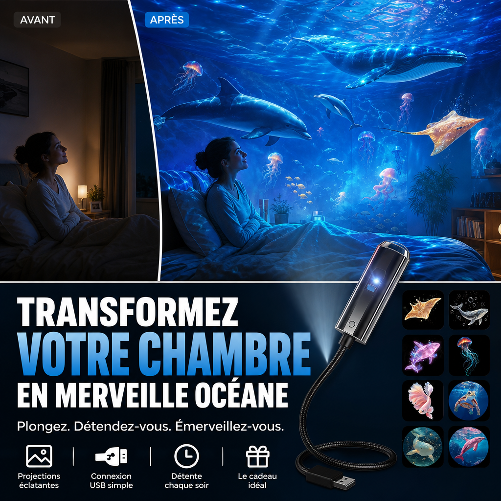 Avant-après d'une chambre transformée en monde sous-marin par le projecteur, avec baleine, dauphins et méduses au plafond 1