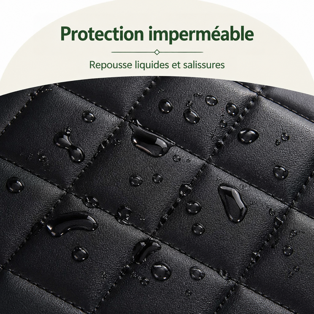 Gros plan sur le tissu matelassé noir où perlent des gouttes d'eau, montrant la surface imperméable. 3