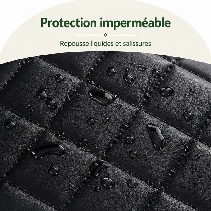 Gros plan sur le tissu matelassé noir où perlent des gouttes d'eau, montrant la surface imperméable. 3