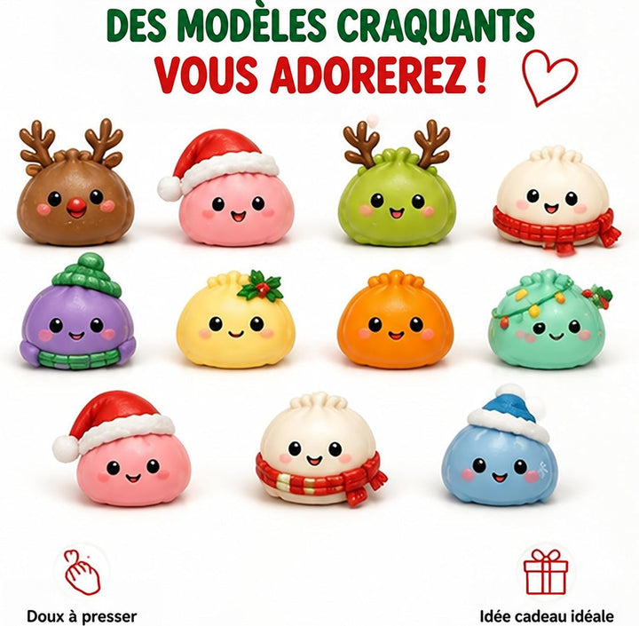 Onze figurines souriantes aux couleurs variées, avec bonnets, écharpes et bois de renne, présentées sur fond blanc 3