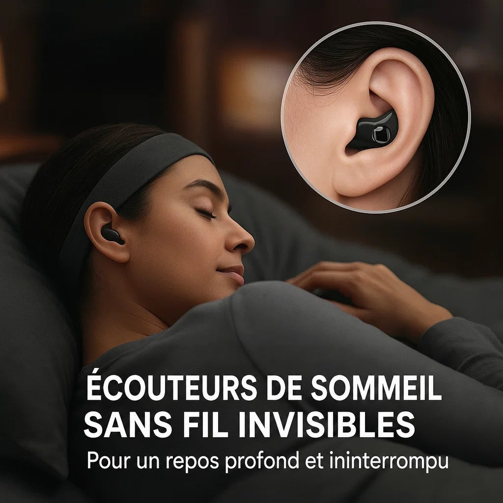 Femme endormie sur le côté avec un écouteur noir, détail de l'oreille en médaillon 4
