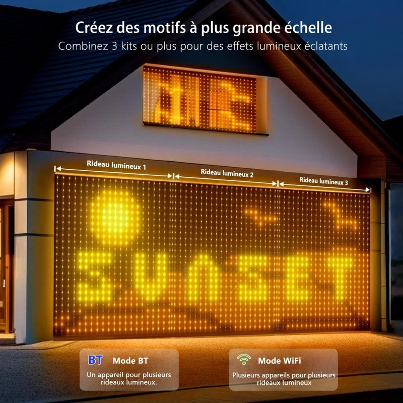 Trois rideaux lumineux assemblés sur une façade de maison pour former un grand motif jaune 8