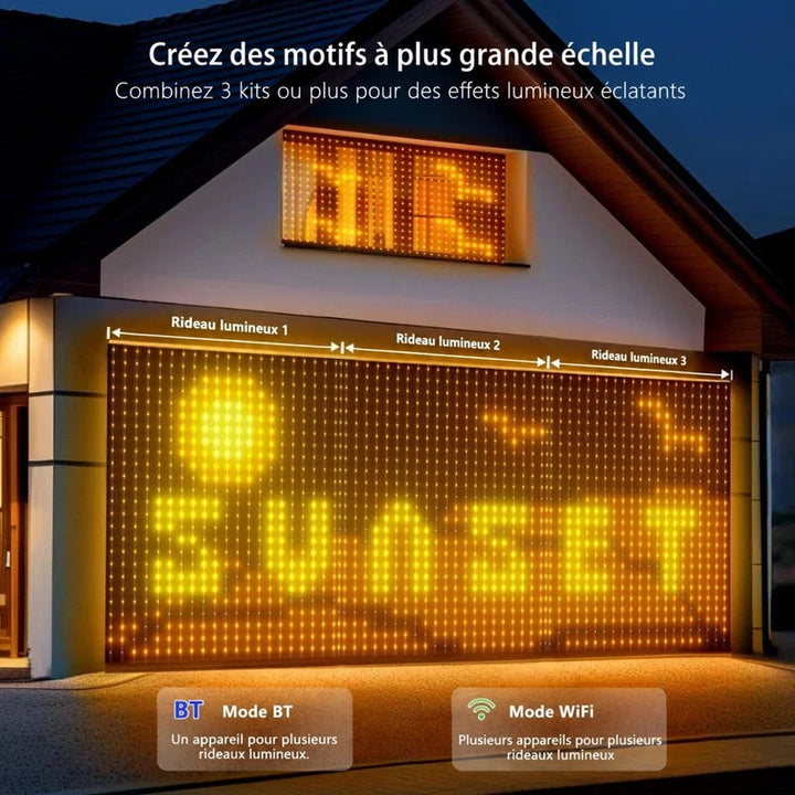 Trois rideaux lumineux assemblés sur une façade de maison pour former un grand motif jaune 8