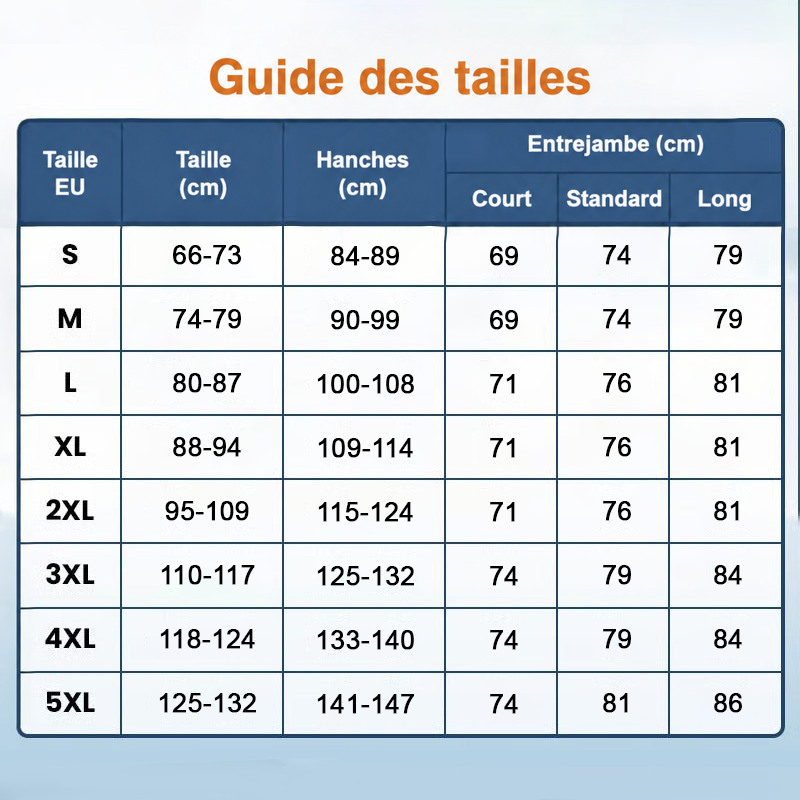 Tableau des tailles européennes de S à 5XL avec tour de taille, hanches et longueurs d'entrejambe en centimètres 20