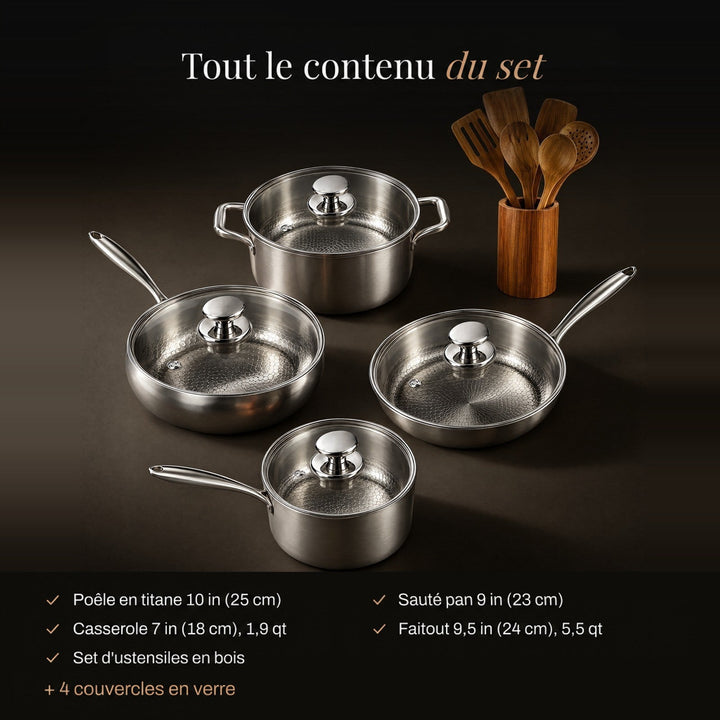 Contenu complet du set : quatre ustensiles de cuisson avec couvercles en verre et pot d'ustensiles en bois 2