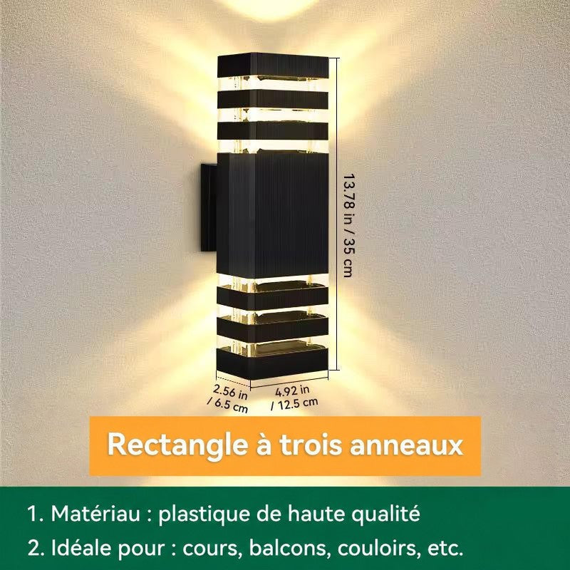 Applique rectangulaire à triple bande lumineuse, schéma coté 35 cm de haut, 12,5 cm de large, 6,5 cm de profondeur 18