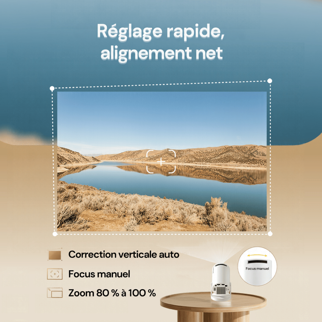 Paysage de lac et collines projeté avec cadre de réglage, et projecteur sur guéridon montrant sa molette de mise au point 19