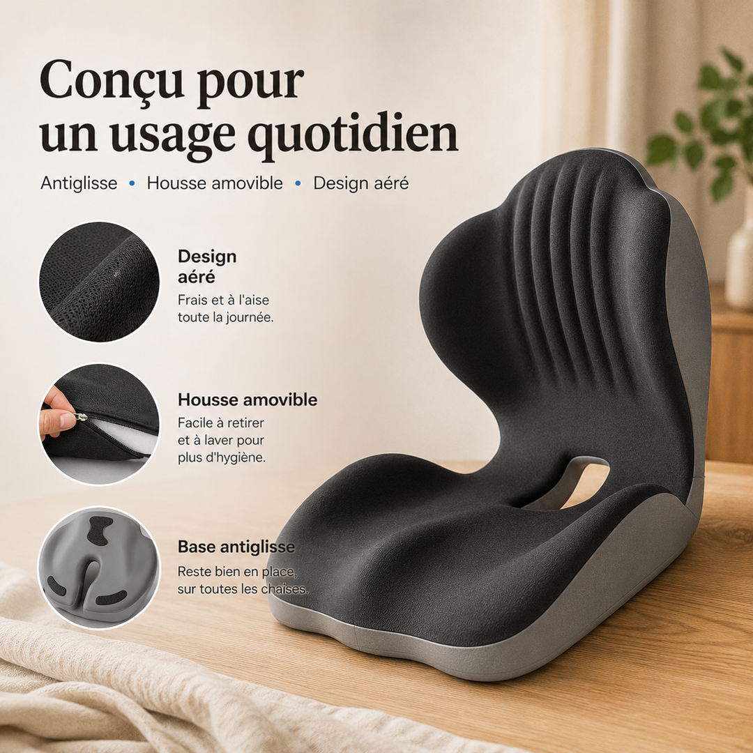 Coussin noir sur table en bois, avec trois vignettes : tissu, housse zippée et fond antidérapant 11