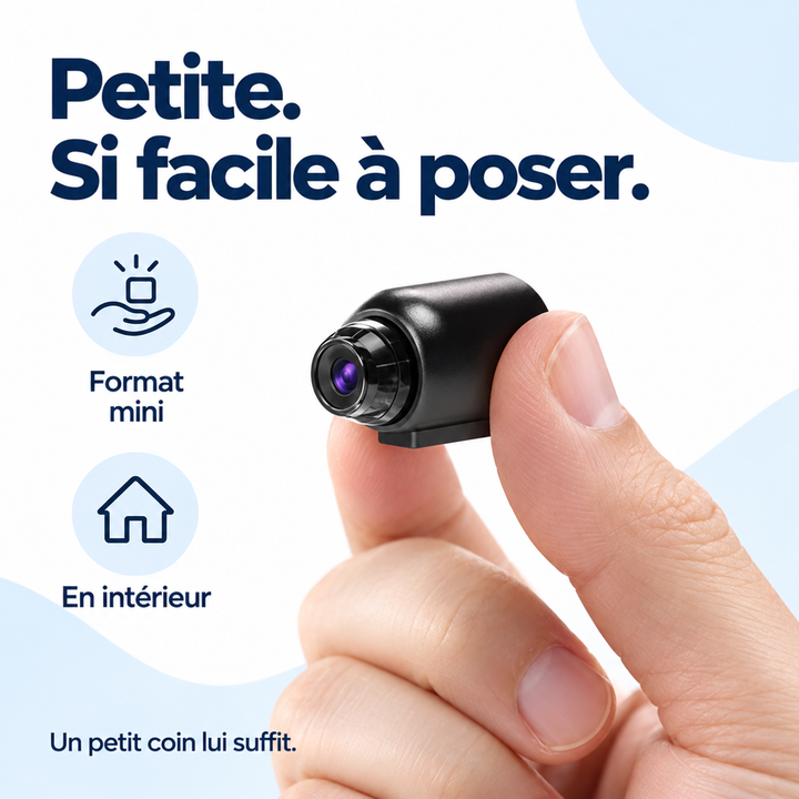 Gros plan sur la caméra noire pincée entre le pouce et l'index pour montrer sa taille minuscule 3