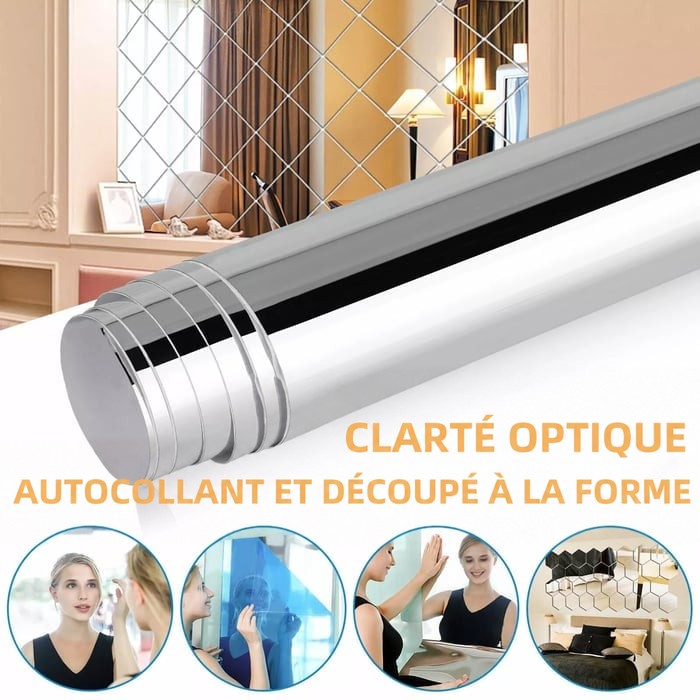 Rouleau de film miroir devant un salon, avec quatre vignettes d'usages: portrait, mur et hexagones 2