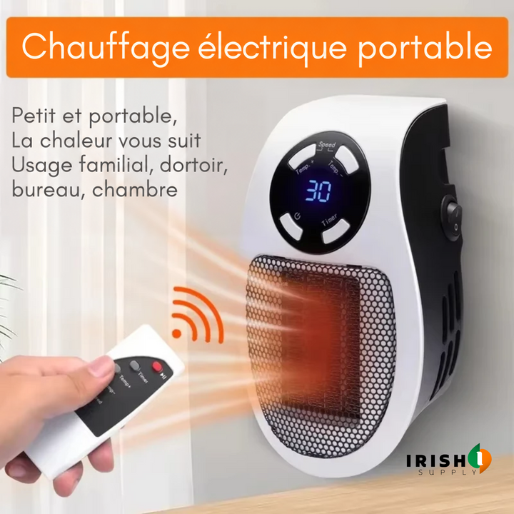 Chauffage branché au mur avec télécommande en main, présenté pour un usage en chambre ou au bureau 2
