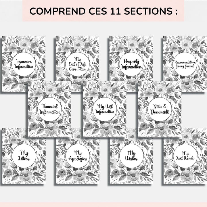 Onze couvertures de sections à motif floral gris, chacune avec un médaillon blanc central indiquant le thème : assurances, finances, testament, lettres, dernièr 8