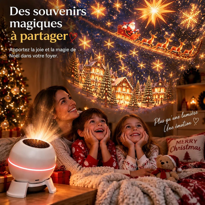 Une femme et deux enfants en pyjama regardent émerveillés la projection de Noël du projecteur allumé 6