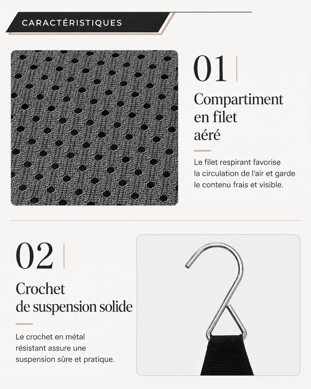 Gros plans sur le tissu filet aéré gris à petits trous et sur le crochet métallique 6