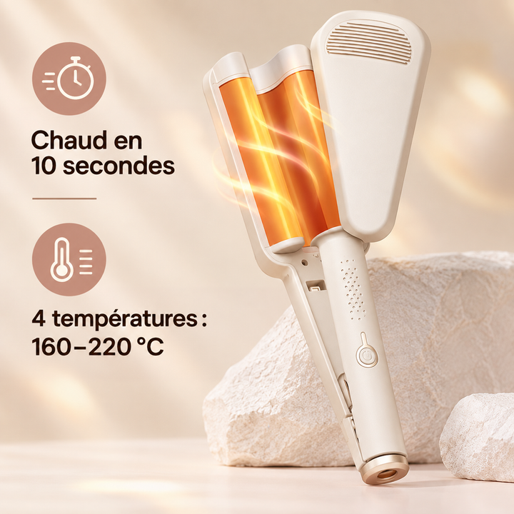 Fer à onduler beige ouvert, plaques chauffantes orange lumineuses, avec pictogrammes de chauffe rapide et de températures 12