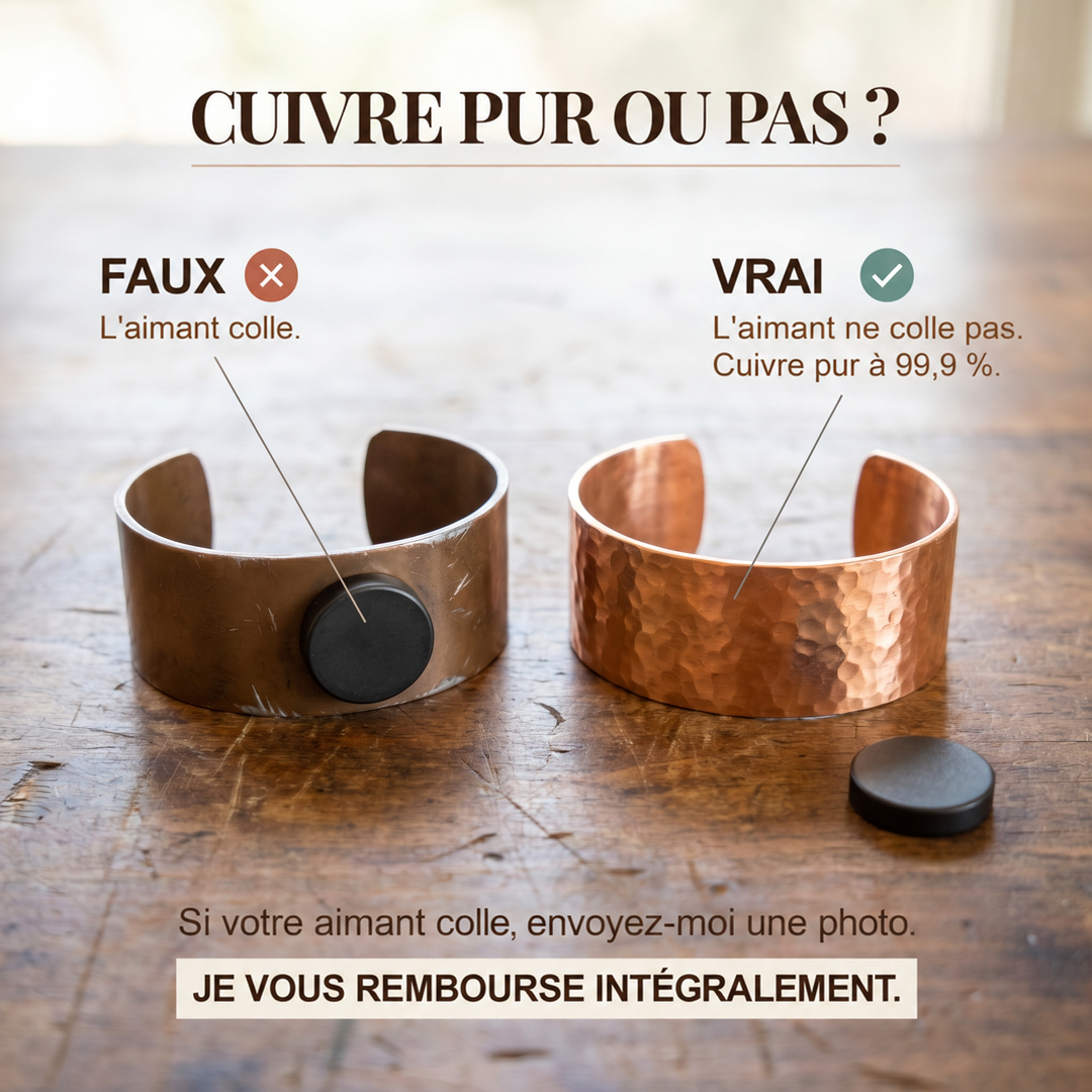 Comparaison de deux bracelets manchettes, l'un terne avec un aimant collé, l'autre en cuivre martelé brillant, avec un texte explicatif. 3
