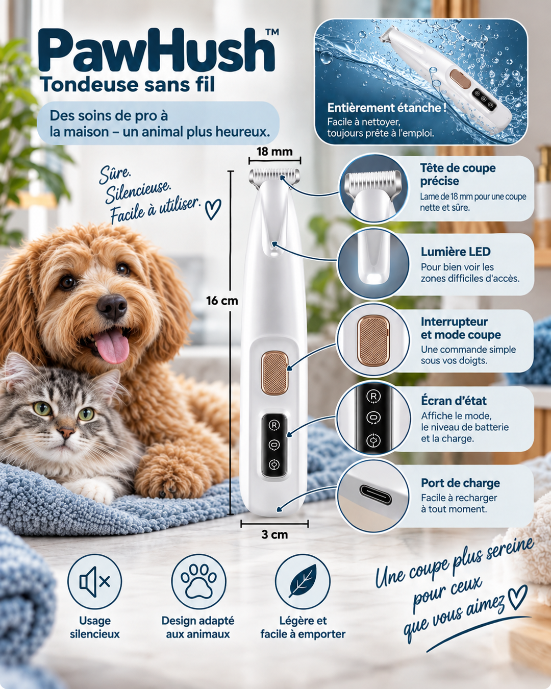 Schéma de la tondeuse blanche avec ses dimensions, la lame, la lumière LED, le bouton, l'écran et le port USB-C 6