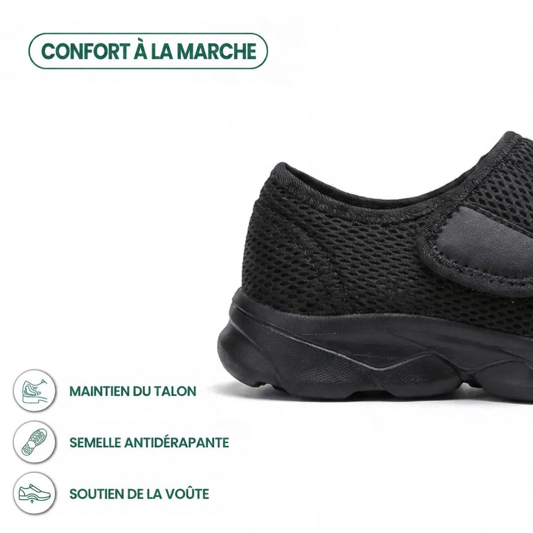 Gros plan sur le talon de la chaussure noire en mesh, avec icônes de soutien du talon, semelle antidérapante et voûte. 13