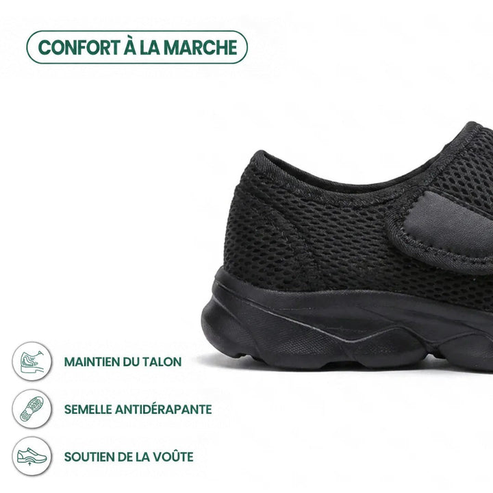 Gros plan sur le talon de la chaussure noire en mesh, avec icônes de soutien du talon, semelle antidérapante et voûte. 13