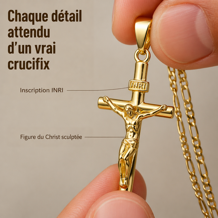 Crucifix doré tenu entre deux doigts, montrant le Christ sculpté et la plaquette INRI en détail 2