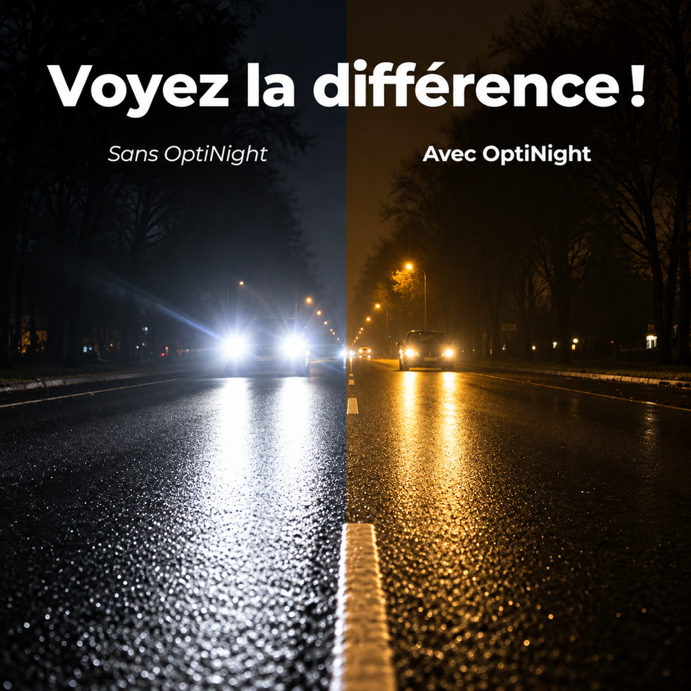 Comparaison de nuit sur route mouillée : à gauche des phares éblouissants, à droite une vue plus douce et ambrée avec les lunettes. 2