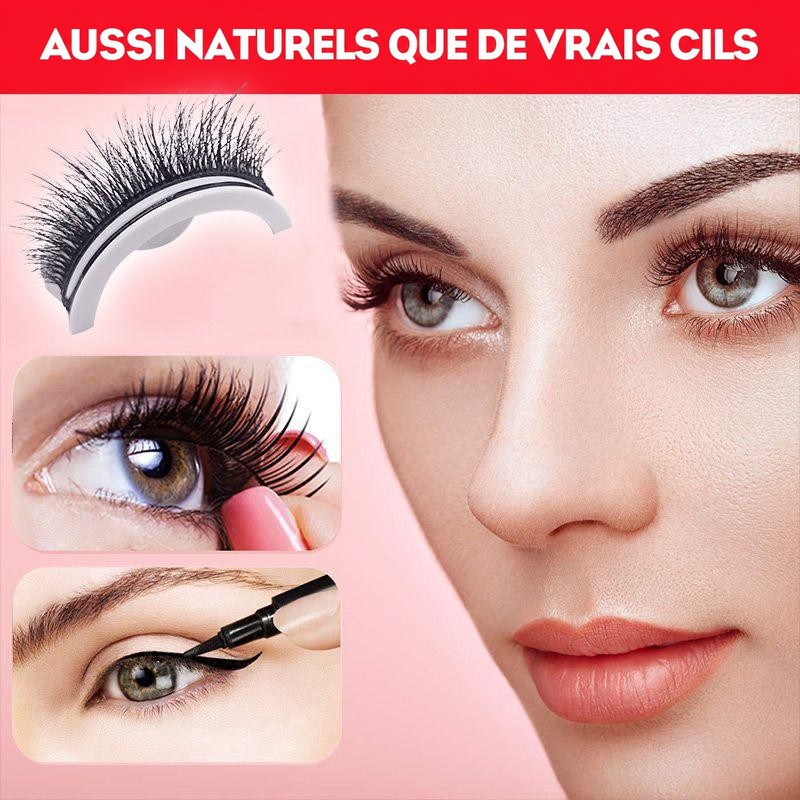 Visage de femme en gros plan avec cils naturels, support de cils sur la gauche, pose sur la paupière et trait d'eye-liner appliqué par-dessus. 9