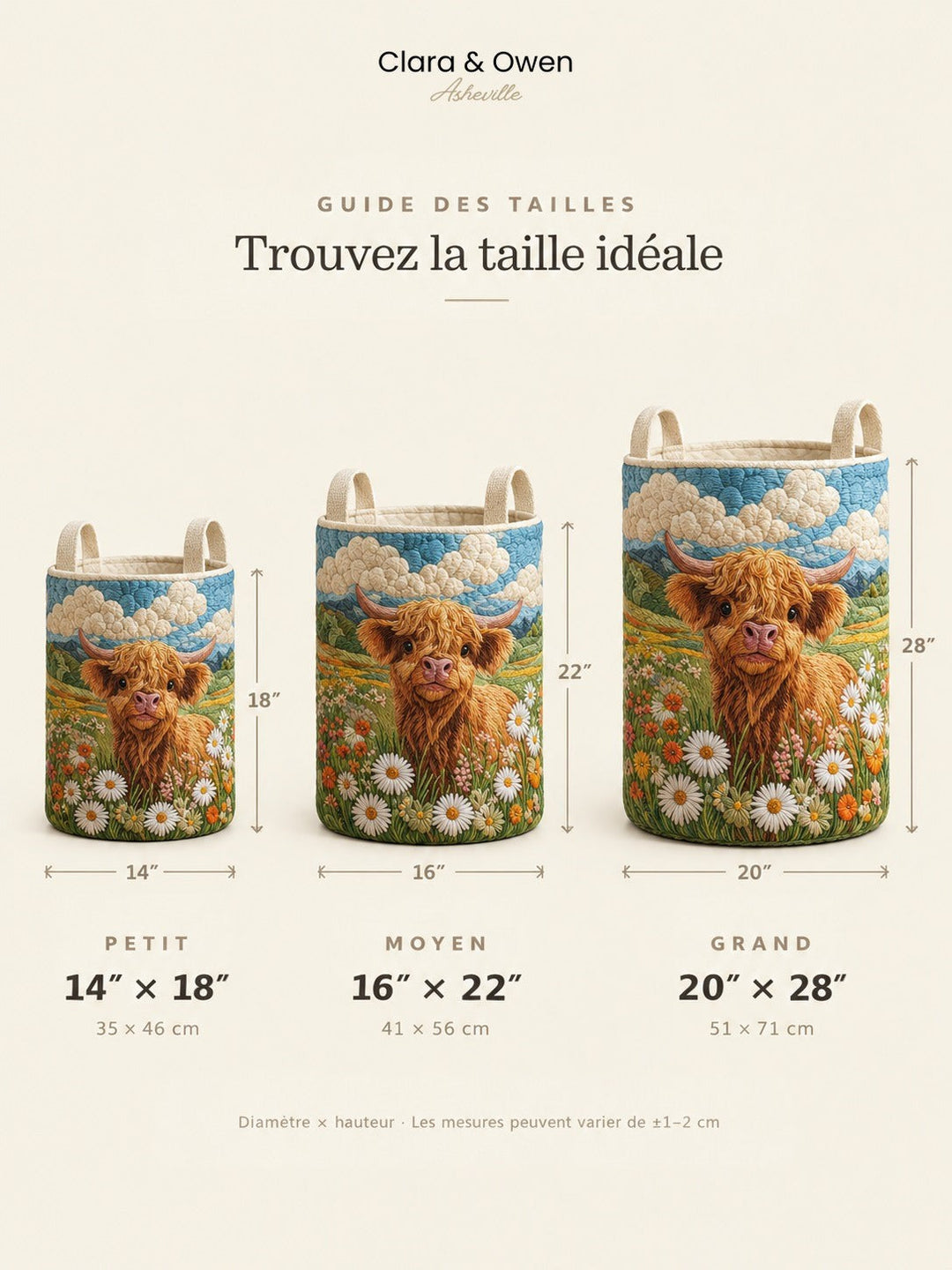 Guide des tailles présentant côte à côte trois paniers petit, moyen et grand, avec leurs dimensions de diamètre et de hauteur indiquées. 6