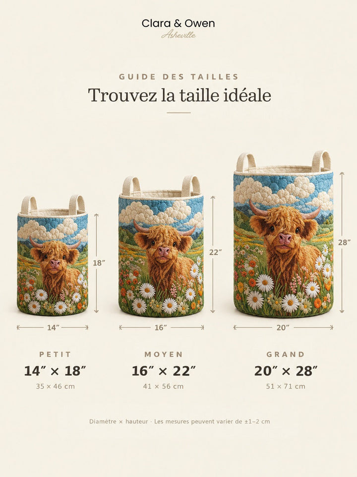 Guide des tailles présentant côte à côte trois paniers petit, moyen et grand, avec leurs dimensions de diamètre et de hauteur indiquées. 6