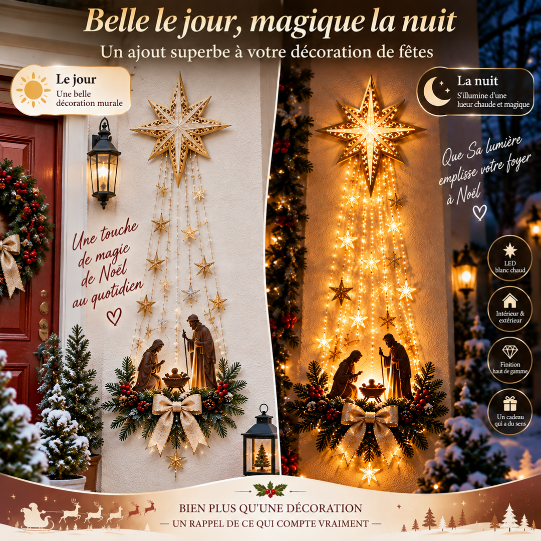 Comparaison côte à côte du mur décoré de jour, éteint, et de nuit, illuminé d'une lueur chaude 5