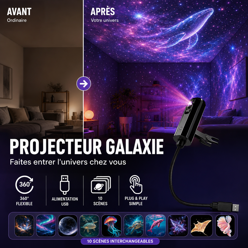 Salon avant et après projection d'une galaxie violette, avec le projecteur USB et ses dix scènes en bas 4