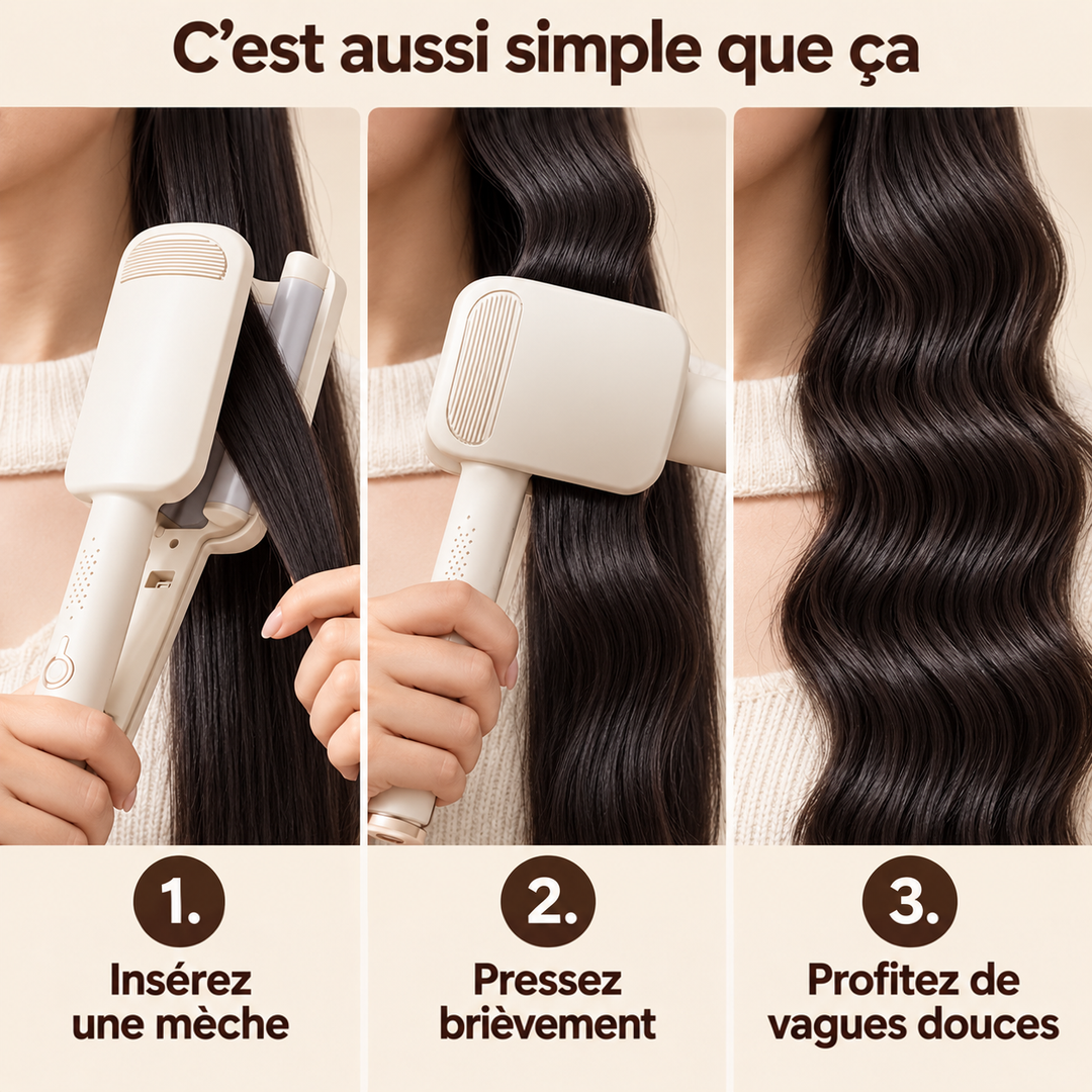 Trois étapes en images : mèche de cheveux bruns placée dans le fer, pressée, puis ondulée 14