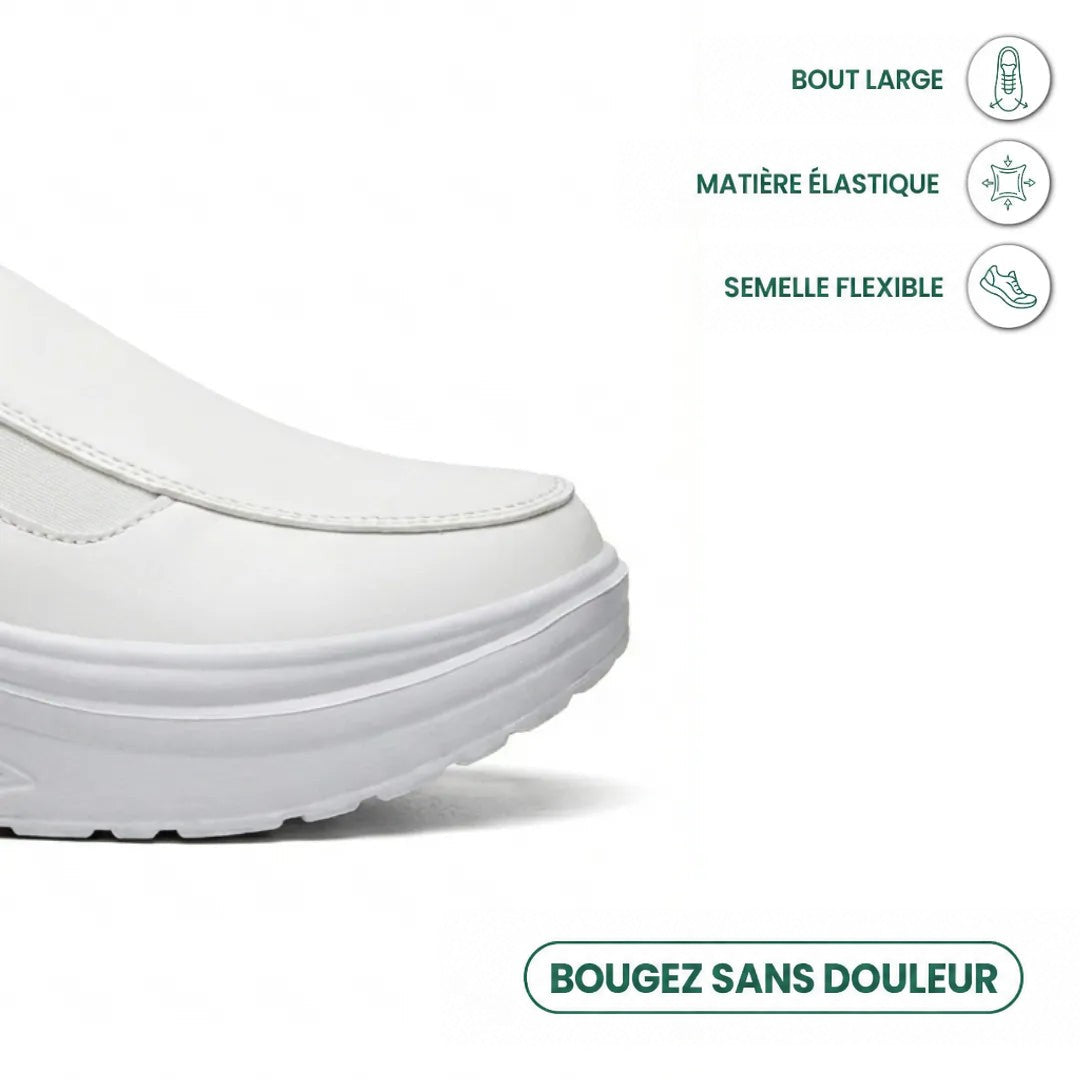 Gros plan sur la pointe large blanche, avec icônes de matière élastique et de semelle flexible 14