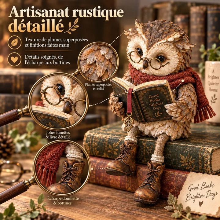 Montage de détails : plumes superposées, lunettes rondes et livre ouvert, écharpe rouge à franges et petites bottes en loupes grossissantes. 4