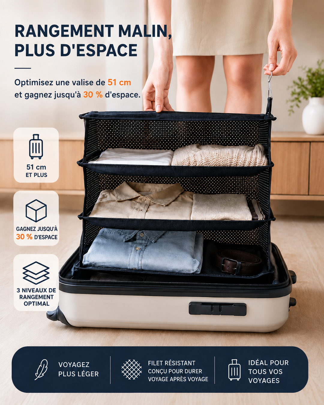 Femme qui soulève l'organisateur rempli de vêtements pliés à l'intérieur d'une valise ouverte 3
