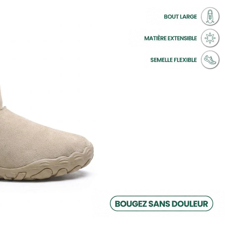 Gros plan sur le bout large de la botte beige et sa semelle flexible, avec pictogrammes 5