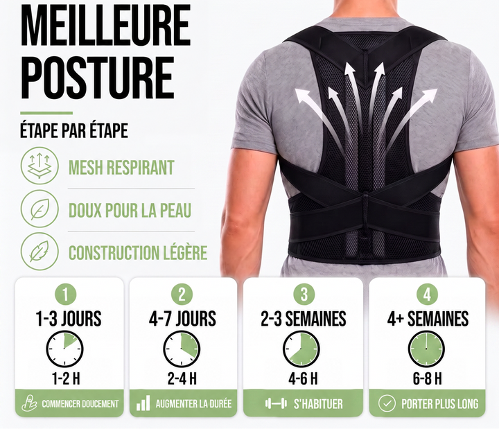 Homme de dos portant le correcteur noir en maille respirante, avec flèches d'aération et étapes de port progressif sur quatre périodes. 4