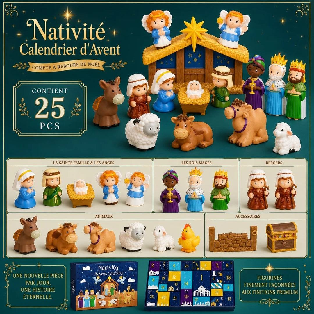 Visuel récapitulatif sur fond vert présentant la crèche montée et les figurines classées par catégorie 6