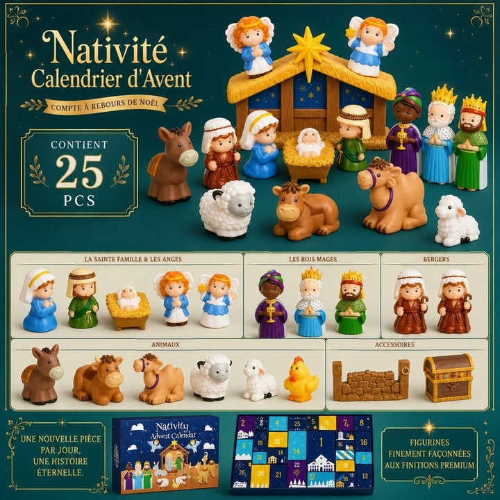 Visuel récapitulatif sur fond vert présentant la crèche montée et les figurines classées par catégorie 6