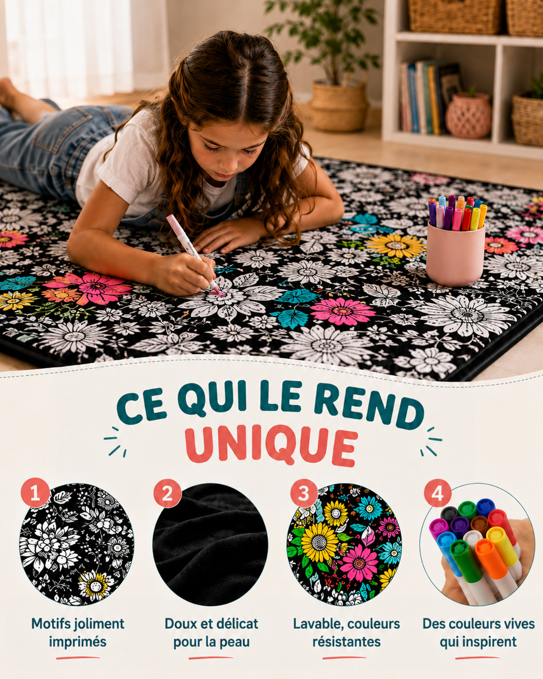 Fillette allongée coloriant une fleur du plaid, avec quatre détails ronds : motif, douceur, couleurs, marqueurs 6